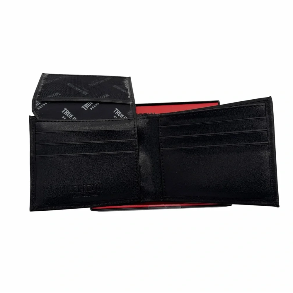True Religion Black Leather Bifold Wallet Flip Slot New RFID